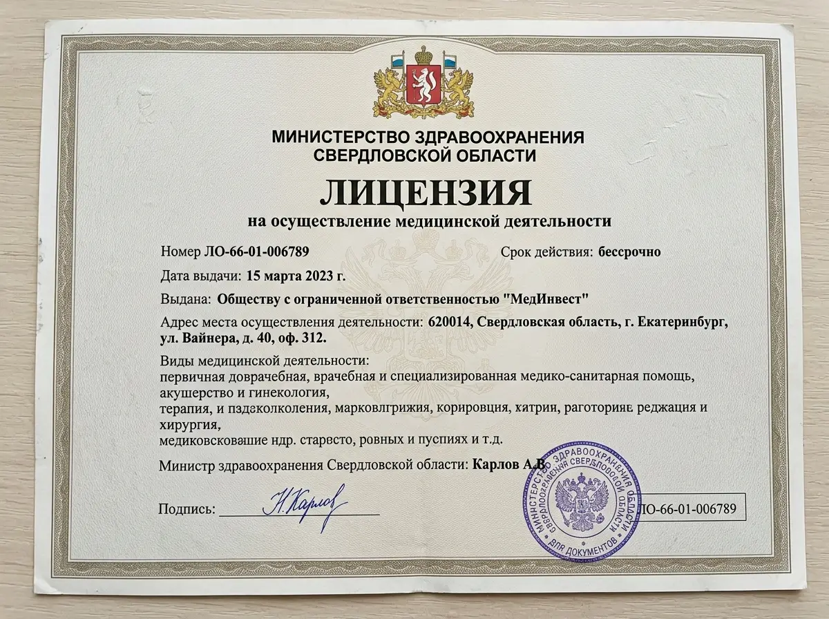 Лицензия Министерства здравоохранения Свердловской области на осуществление медицинской деятельности, официальный документ с печатью